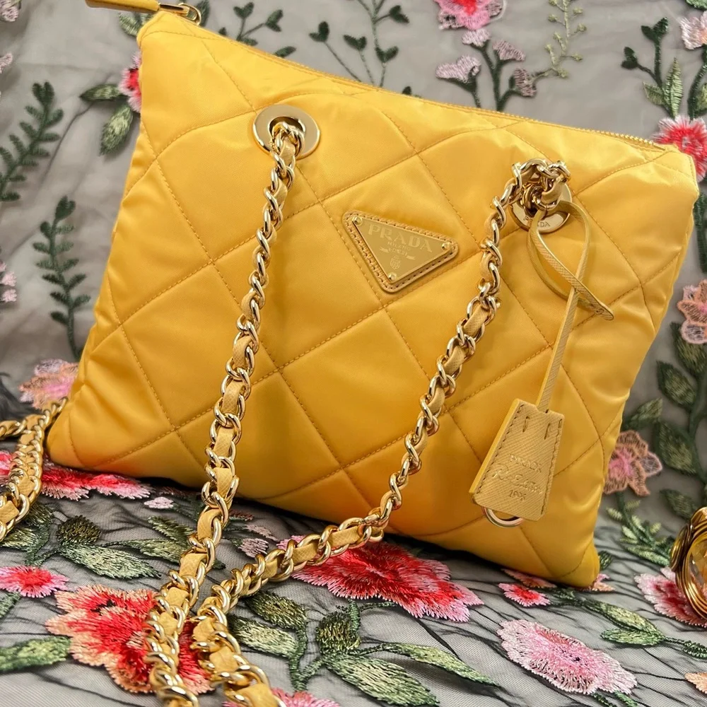 Auth PRADA Bag • Authentic PRADA 1995 Re-Edition Chain Tote in Yellow Re-Nylon
